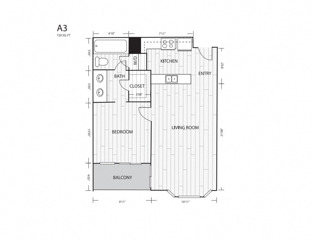 Floor plan for 1 bed, 1 bath, 720 sqft
